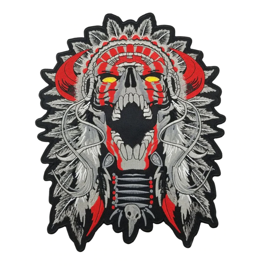 INDIAN LARGE HORNED CHIEF DEATH SKULL Motorcycle Iron On Embroidered Patch For Clothes